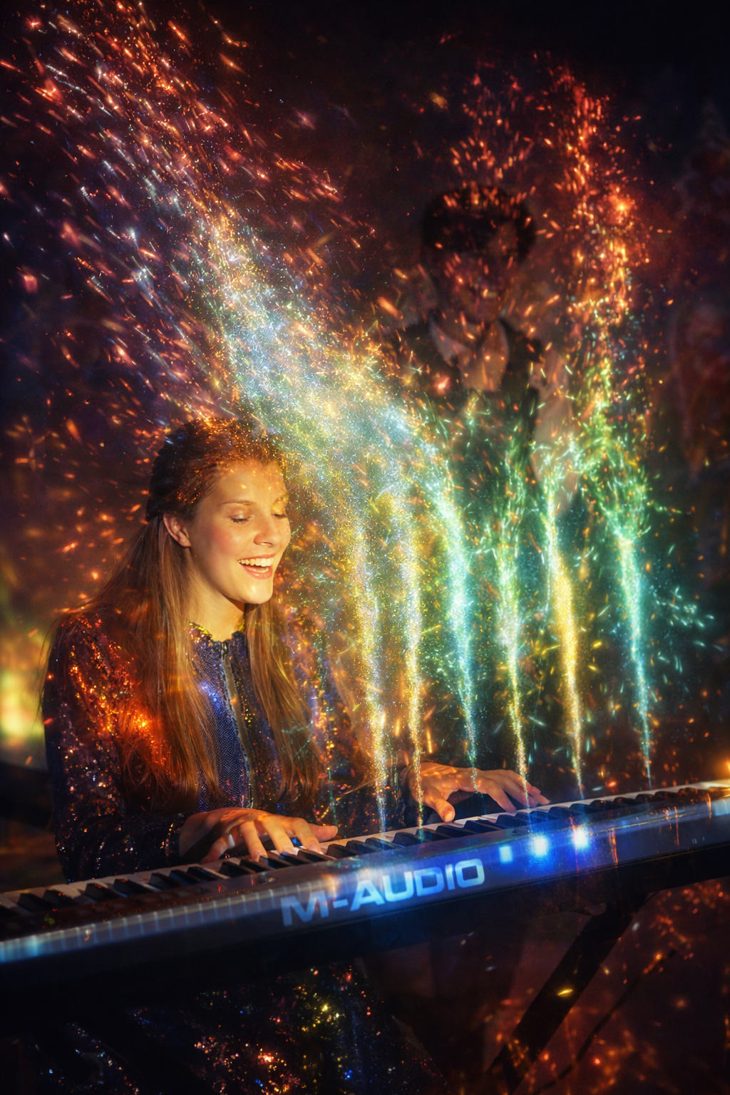 Michelle Horsley playing a keyboard surrounded by colorful light sparks